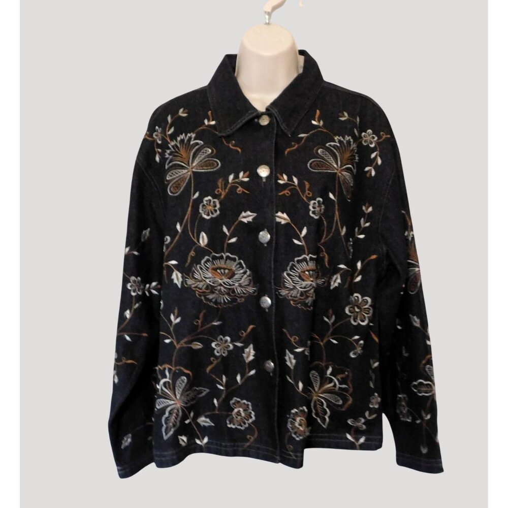 New Direction Embroidered Denim Jacket Large Black Floral Beaded Metal Buttons - Picture 3 of 11